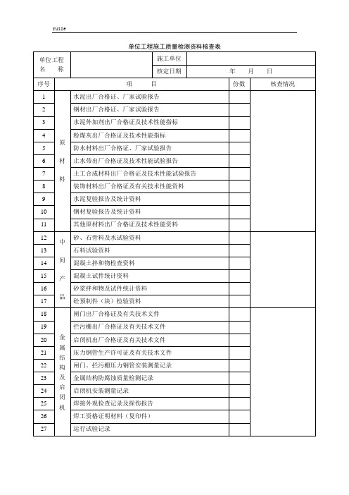 单位工程施工质量检测资料核查表