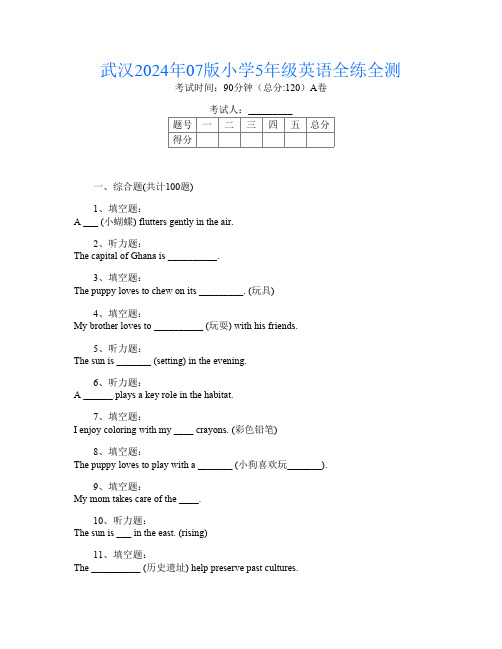 武汉2024年07版小学5年级第10次英语全练全测