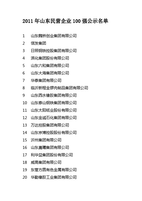 2011年山东民营企业100强公示名单