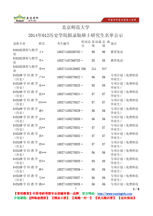 北京师范大学 2014年012历史学院 拟录取硕士 研究生名单公示