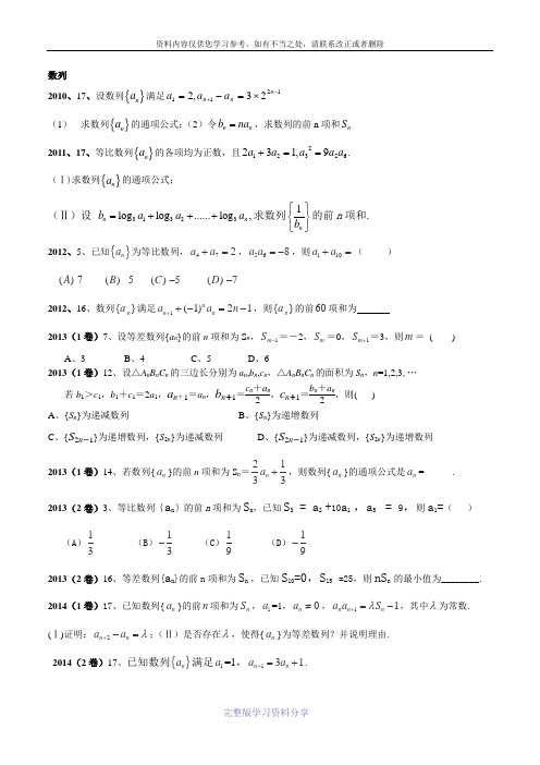 2010-2015全国高考理科数学题分类(数列)