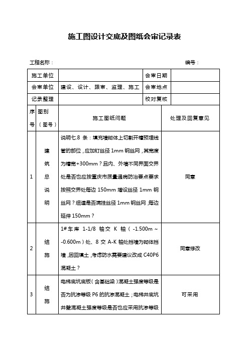 施工图图纸会审记录及设计交底表