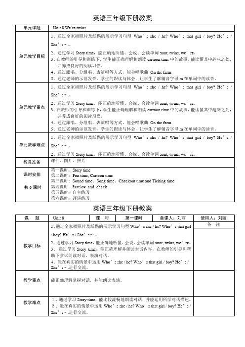 英语三年级下册Unit8教案