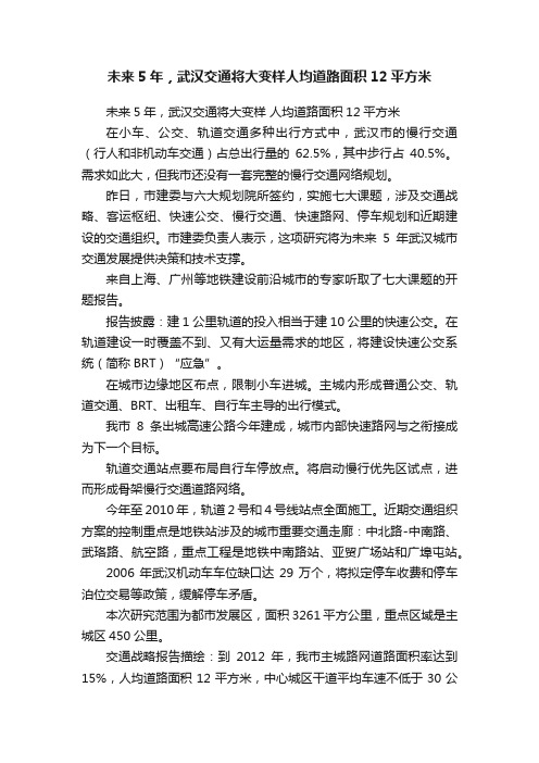 未来5年，武汉交通将大变样人均道路面积12平方米