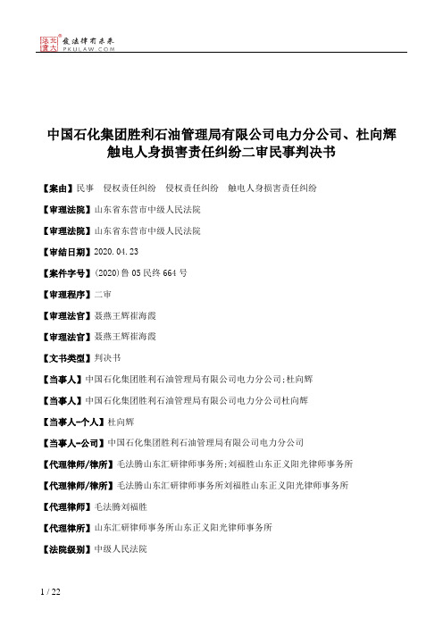 中国石化集团胜利石油管理局有限公司电力分公司、杜向辉触电人身损害责任纠纷二审民事判决书