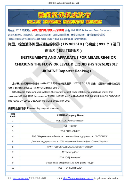 测量、检验液体流量或液位的仪器(HS 902610)2017 乌克兰(993个)进