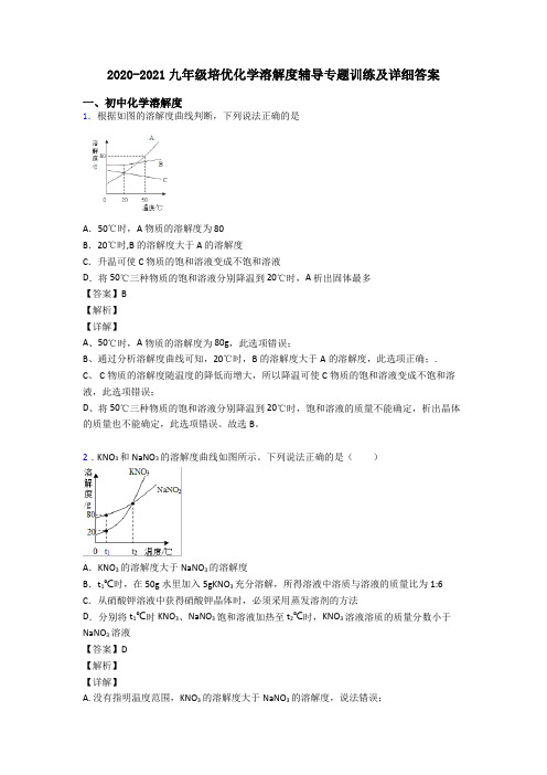 2020-2021九年级培优化学溶解度辅导专题训练及详细答案