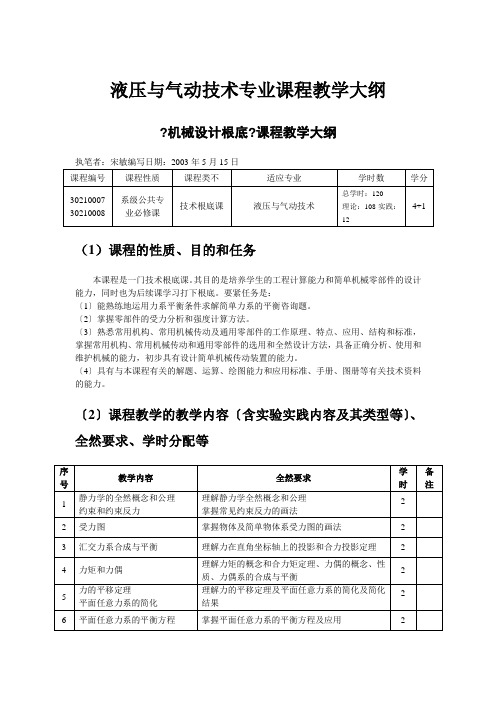 课程教学大纲机械设计基础液压专业