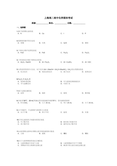 上海高二高中化学期末考试带答案解析
