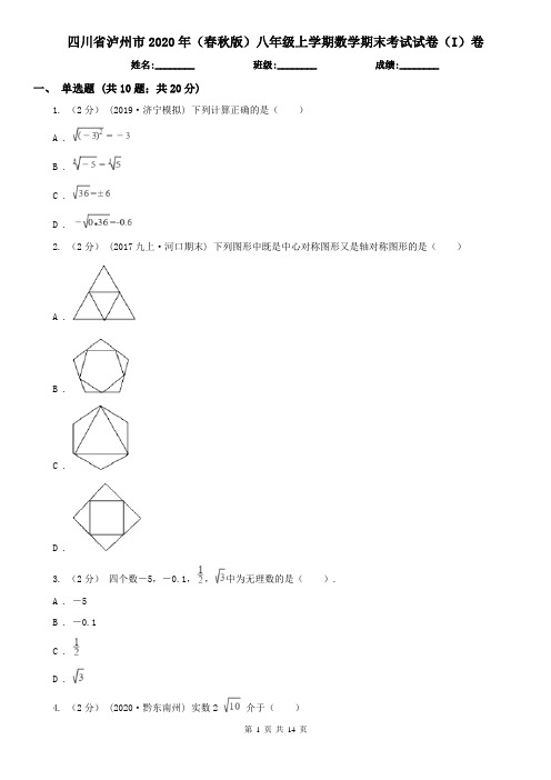 四川省泸州市2020年(春秋版)八年级上学期数学期末考试试卷(I)卷