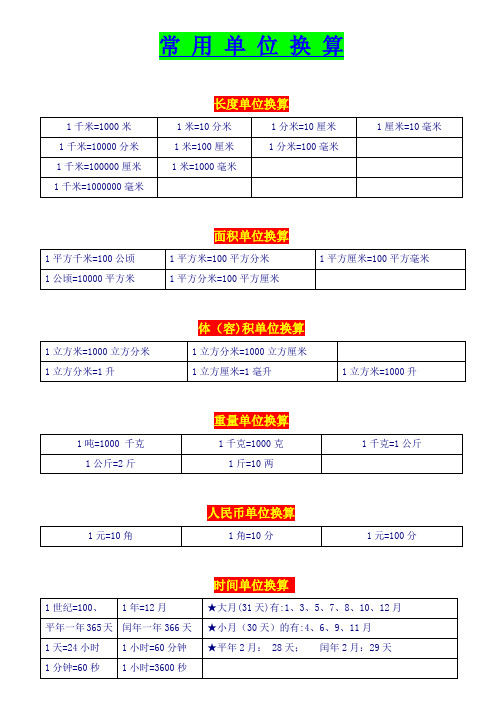 北师大版小学数学常用单位的换算总结