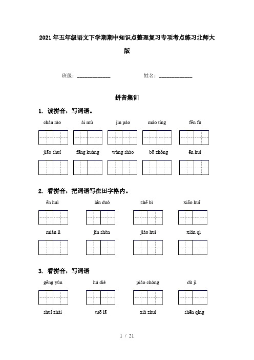 2021年五年级语文下学期期中知识点整理复习专项考点练习北师大版