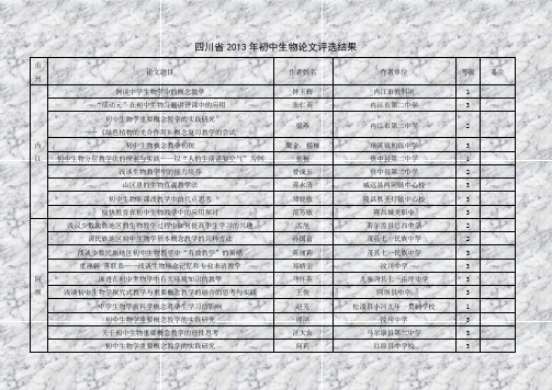 四川省2013年初中生物论文评选结果