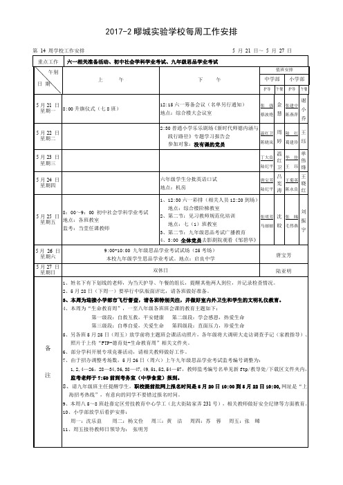 2017-2疁城实验学校每周工作安排