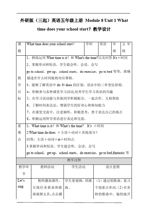 外研版(三起)英语五年级上册 Module 8 Unit 1 教学设计