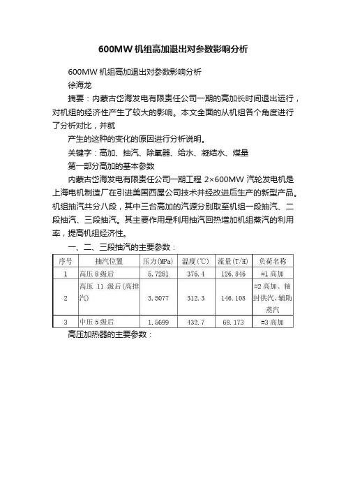 600MW机组高加退出对参数影响分析