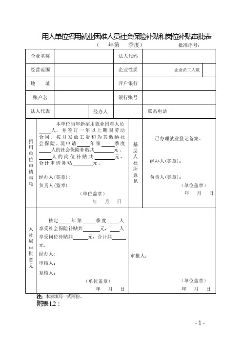 用人单位招用就业困难人员社会保险补贴和岗位补贴审批表