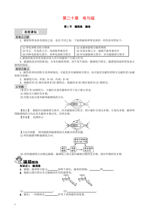 【名校课堂】2019九年级物理全册 第20章 电与磁 第1节 磁现象 磁场课时练习 (新版)人教版【推荐】.doc