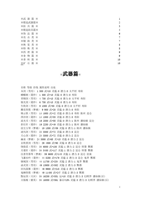 仙剑全武器装备饰品铸造材料及地点