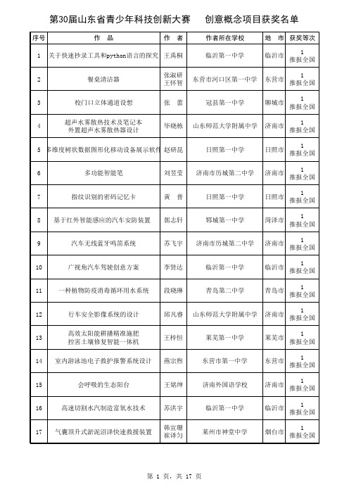 第30届山东省青少年科技创新大赛创意概念获奖名单