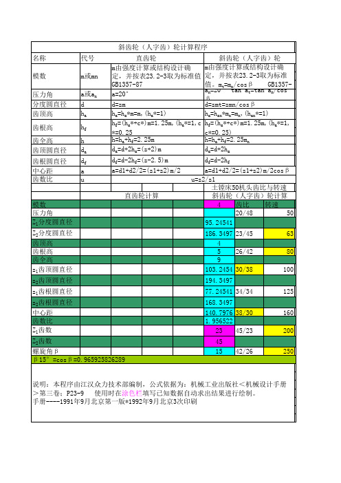 斜齿轮(人字齿)轮计算程序