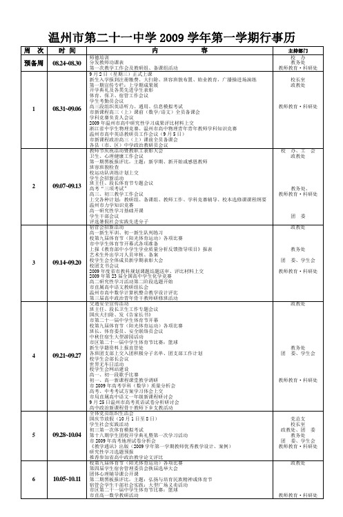 温州市第二十一中学2009学年第一学期行事历