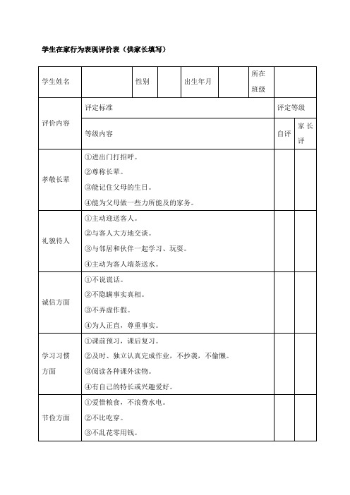 学生在家行为规范评价表(供家长填写)