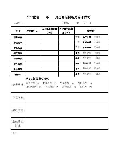 医院药品储备周转评估表