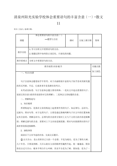 清泉州阳光实验学校高三语文复习 体会重要语句的丰富含意(一)散文教学案高三全册语文教学案