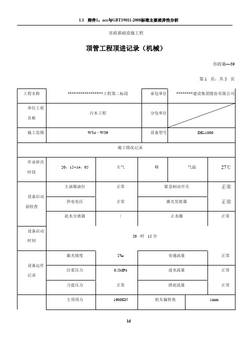 顶管工程顶进记录(机械)