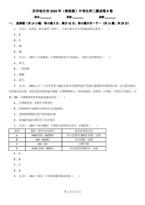 齐齐哈尔市2020年(春秋版)中考化学二模试卷B卷