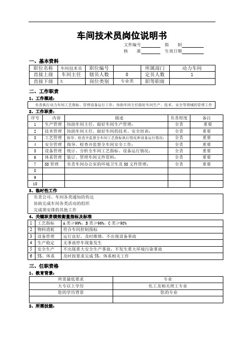 动力车间技术员岗位说明书