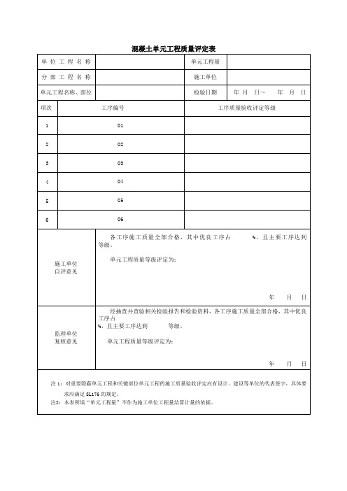 混凝土单元及一般土方开挖单元工程施工质量评定表