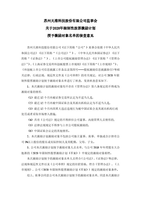 天准科技：监事会关于2020年限制性股票激励计划授予激励对象名单的核查意见