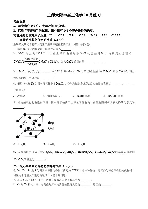 上海师范大学附属中学2024-2025学年高三上学期10月练习 化学试题(含答案)