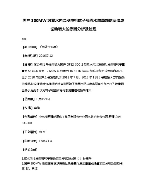 国产300MW级双水内冷发电机转子线圈水路局部堵塞造成振动增大的原因分析及处理