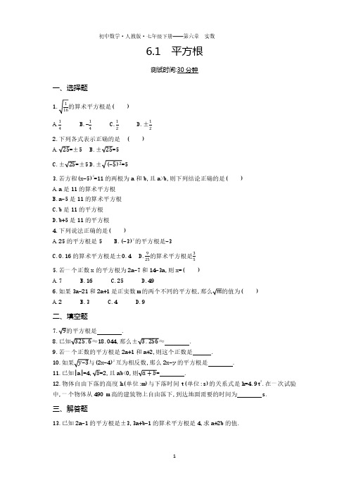 七年级数学下册第六章实数6.1平方根课时练习(pdf,含解析)(新版)新人教版