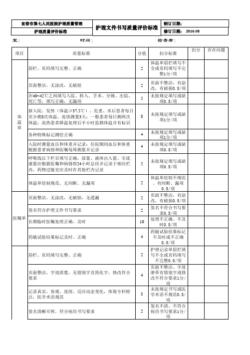 护理文书书写质量评价标准