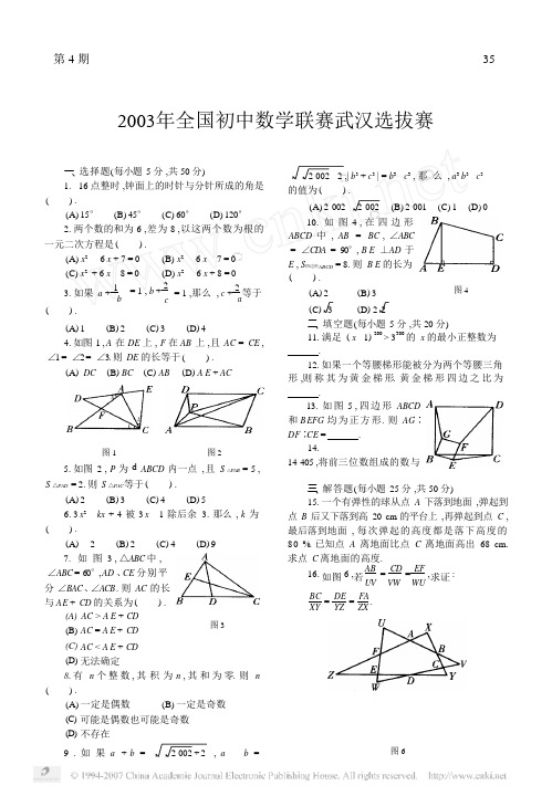 2003年全国初中数学联赛武汉选拔赛