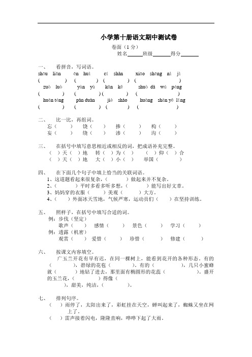 小学第十册语文期中测试卷2