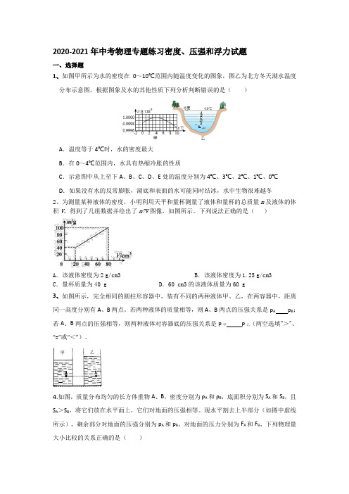 2020-2021年中考物理专题密度、压强和浮力试题