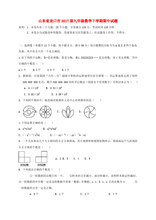 【精品】山东省龙口市2017届九年级《数学》下学期期中试题五四制及答案