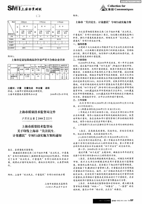 上海市质量技术监督局关于印发上海市“关注民生、计量惠民”专项行动实施方案的通知