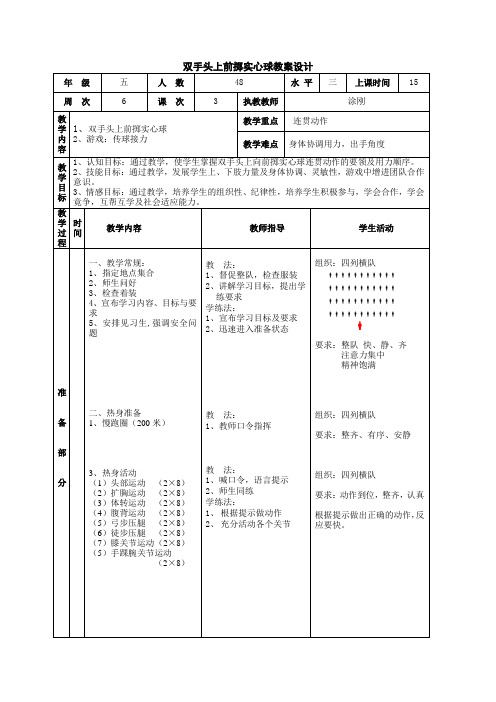 体育与健康人教版五年级-双手头上前掷实心球教案设计