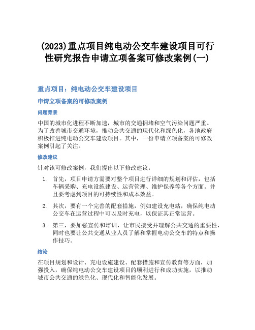 (2023)重点项目纯电动公交车建设项目可行性研究报告申请立项备案可修改案例(一)