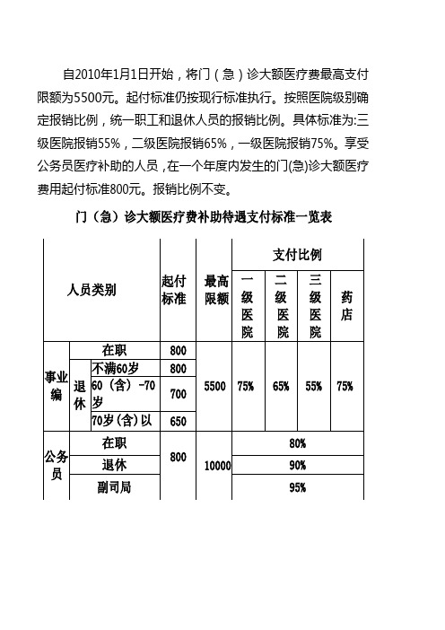 门(急)诊大额医疗费补助待遇支付标准一览表