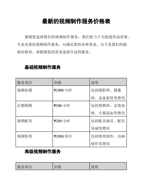 最新的视频制作服务价格表