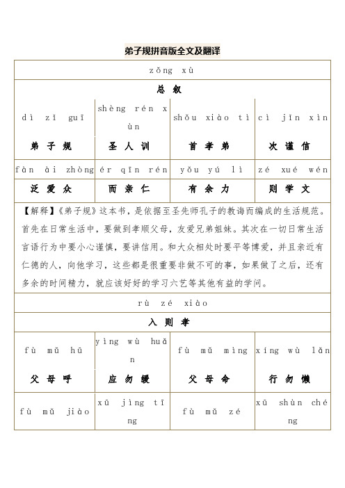 弟子规拼音版全文及翻译