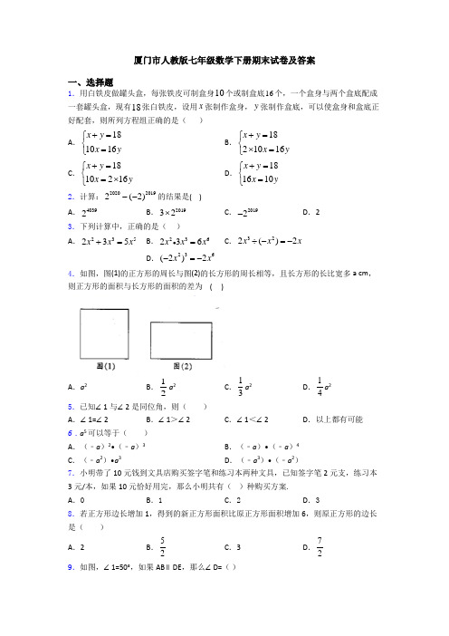 厦门市人教版七年级数学下册期末试卷及答案