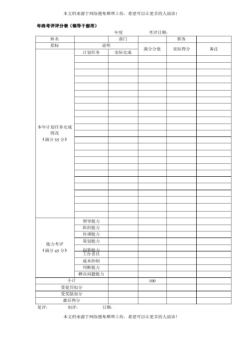 年终考评评分表（领导干部用）